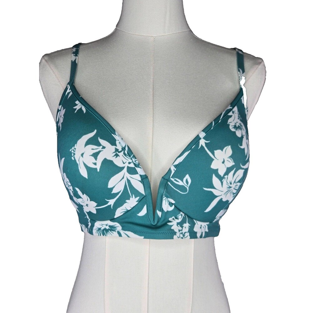 Shade & Shore Bikini Top 34D Teal Floral Strappy Back Deep V Resort